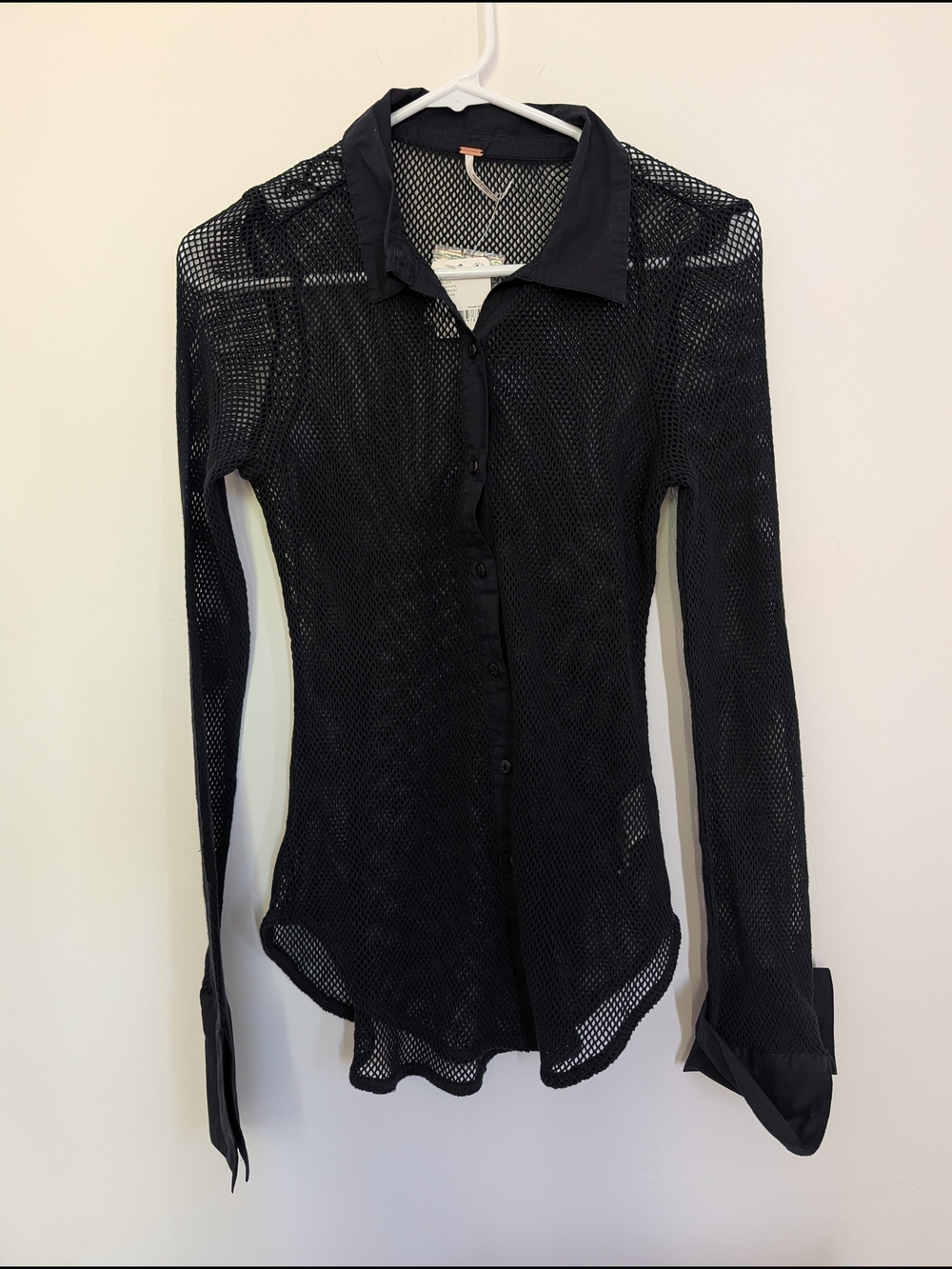 Free People Black Sheer Mesh Button-Down Shirt